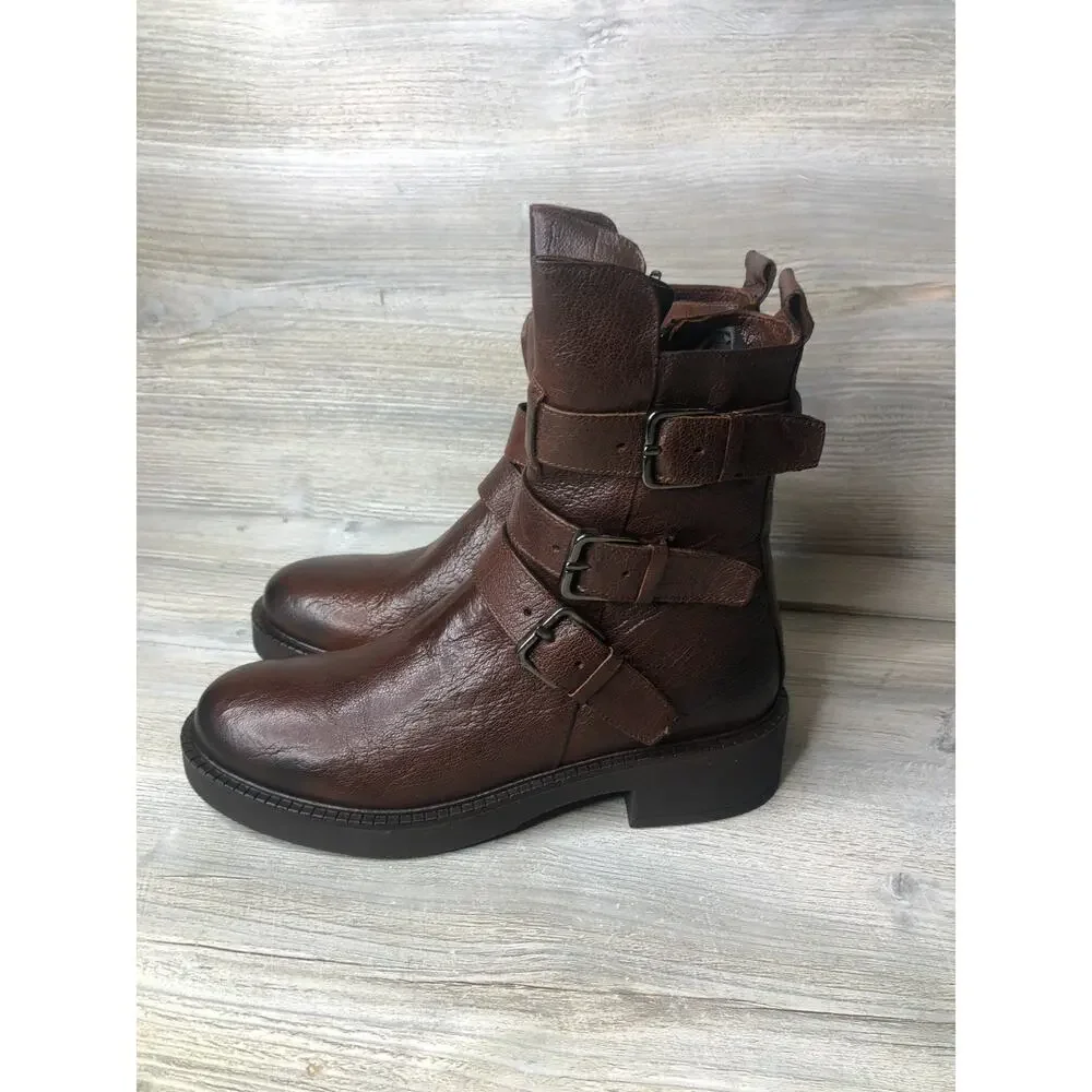 Emanuele Crasto Womens Brown Leather 3 Buckle Italian Moto Biker Boots SZ 39/8.5